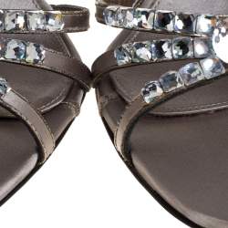 Pre Owned Le Silla Grey Satin Crystal Embellished Strappy Sandals Size 38