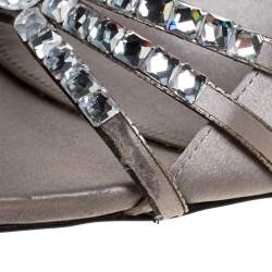 Pre Owned Le Silla Grey Satin Crystal Embellished Strappy Sandals Size 38