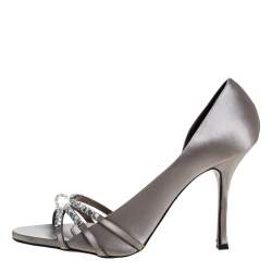 Pre Owned Le Silla Grey Satin Crystal Embellished Strappy Sandals Size 38.5