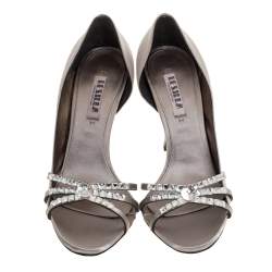 Pre Owned Le Silla Grey Satin Crystal Embellished Strappy Sandals Size 38.5