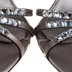 Pre Owned Le Silla Grey Satin Crystal Embellished Strappy Sandals Size 38.5