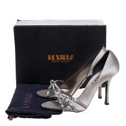 Pre Owned Le Silla Grey Satin Crystal Embellished Strappy Sandals Size 38.5