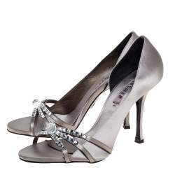 Pre Owned Le Silla Grey Satin Crystal Embellished Strappy Sandals Size 38.5