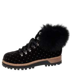 Pre Owned Le Silla Black Quilted Velvet And Fur Crystal Embellished Ankle Boots Size 39