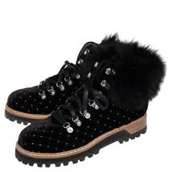 Pre Owned Le Silla Black Quilted Velvet And Fur Crystal Embellished Ankle Boots Size 39