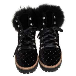 Pre Owned Le Silla Black Quilted Velvet And Fur Crystal Embellished Ankle Boots Size 39