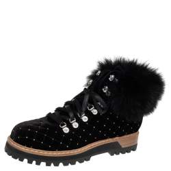 Pre Owned Le Silla Black Quilted Velvet And Fur Crystal Embellished Ankle Boots Size 39