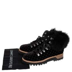 Pre Owned Le Silla Black Quilted Velvet And Fur Crystal Embellished Ankle Boots Size 39
