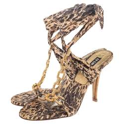 Le Silla Brown Leopard Print Fabric Embellished Sandals Size 37