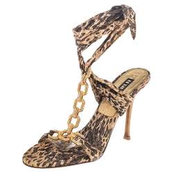 Le Silla Brown Leopard Print Fabric Embellished Sandals Size 37