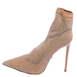 Pre Owned Le Silla Beige Crystal Embellished Mesh Ankle Boots Size 38.5