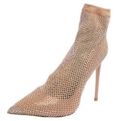 Pre Owned Le Silla Beige Crystal Embellished Mesh Ankle Boots Size 38.5