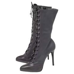Pre Owned Le Silla Grey Leather Lace Up Mid Calf Boots Size 38.5