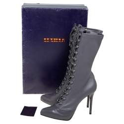 Pre Owned Le Silla Grey Leather Lace Up Mid Calf Boots Size 40