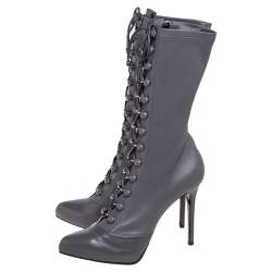 Pre Owned Le Silla Grey Leather Lace Up Mid Calf Boots Size 40