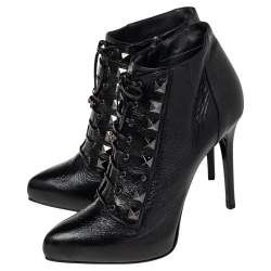 Le Silla Black Patent Leather Lace Up Studded  Ankle Booties Size 38.5