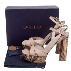 Pre Owned Le Silla Beige Leather Ankle Strap Block Heel Platform Sandals Size 40