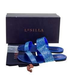 Pre Owned Le Silla Blue Leather And Crystal Embellished Suede Flat Slides Size 36