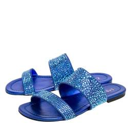 Pre Owned Le Silla Blue Leather And Crystal Embellished Suede Flat Slides Size 36