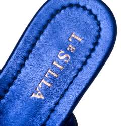 Pre Owned Le Silla Blue Leather And Crystal Embellished Suede Flat Slides Size 36