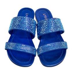 Pre Owned Le Silla Blue Leather And Crystal Embellished Suede Flat Slides Size 36