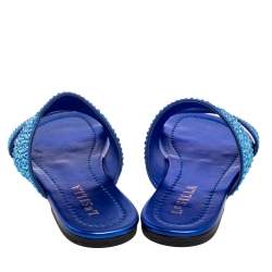Pre Owned Le Silla Blue Leather And Crystal Embellished Suede Flat Slides Size 36