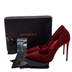 Pre Owned Le Silla  Red Velvet Crystal Embellished Pointed Toe  Pumps Size 40