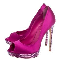 Pre Owned Le Silla Purple  Satin Crystal Embellished Platform Peep Toe Pumps Size 38 