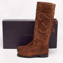 Pre Owned Le Silla Brown Laser Cut Suede Tassel Detail Knee Length Boots Size 41