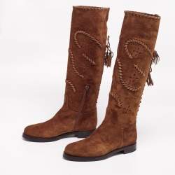 Pre Owned Le Silla Brown Laser Cut Suede Tassel Detail Knee Length Boots Size 41