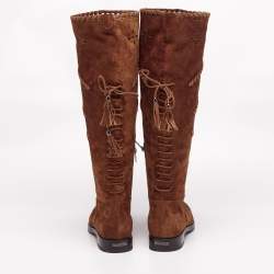 Pre Owned Le Silla Brown Laser Cut Suede Tassel Detail Knee Length Boots Size 41