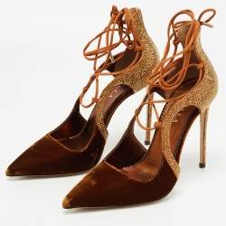 Le Silla Brown Velvet and Crystal Embellished Suede Cutout Ankle Wrap Pump Size 38