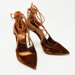 Le Silla Brown Velvet and Crystal Embellished Suede Cutout Ankle Wrap Pump Size 38