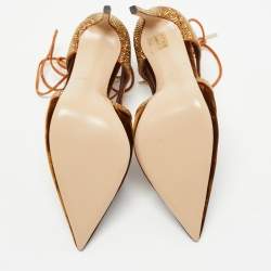 Le Silla Brown Velvet and Crystal Embellished Suede Cutout Ankle Wrap Pump Size 38