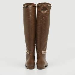 Pre Owned Le Silla Brown Leather Chain Detail Knee Length Boots Size 38