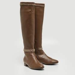 Pre Owned Le Silla Brown Leather Chain Detail Knee Length Boots Size 38