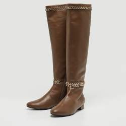 Pre Owned Le Silla Brown Leather Chain Detail Knee Length Boots Size 38