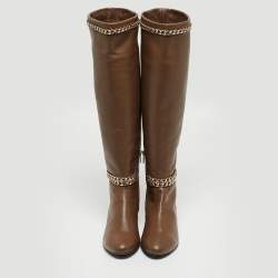 Pre Owned Le Silla Brown Leather Chain Detail Knee Length Boots Size 38