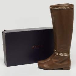 Pre Owned Le Silla Brown Leather Chain Detail Knee Length Boots Size 38