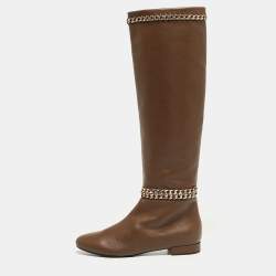 Pre Owned Le Silla Brown Leather Chain Detail Knee Length Boots Size 38