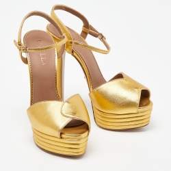 Le Silla Gold Leather Platform Ankle Strap Sandals Size 39