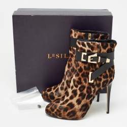 Le Silla Brown/Black Calf Hair Leopard Print Buckle Ankle Boots Size 38.5