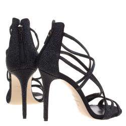 Pre Owned Le Silla Black Crystal Embellished Suede Strappy Sandals Size 38