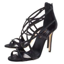 Pre Owned Le Silla Black Crystal Embellished Suede Strappy Sandals Size 38.5