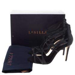 Pre Owned Le Silla Black Crystal Embellished Suede Strappy Sandals Size 38.5