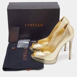 Pre Owned Le Silla Gold Leather Crystal Embellished Platform Peep Toe Pumps Size 40