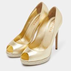 Pre Owned Le Silla Gold Leather Crystal Embellished Platform Peep Toe Pumps Size 40