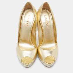 Pre Owned Le Silla Gold Leather Crystal Embellished Platform Peep Toe Pumps Size 40