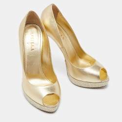 Pre Owned Le Silla Gold Leather Crystal Embellished Platform Peep Toe Pumps Size 40