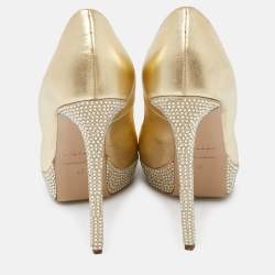 Pre Owned Le Silla Gold Leather Crystal Embellished Platform Peep Toe Pumps Size 40